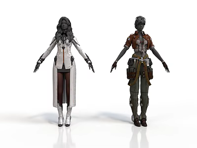 Futuristic Character Designs With White Gray Long Coat And Brown Green Utility Gear 3d model