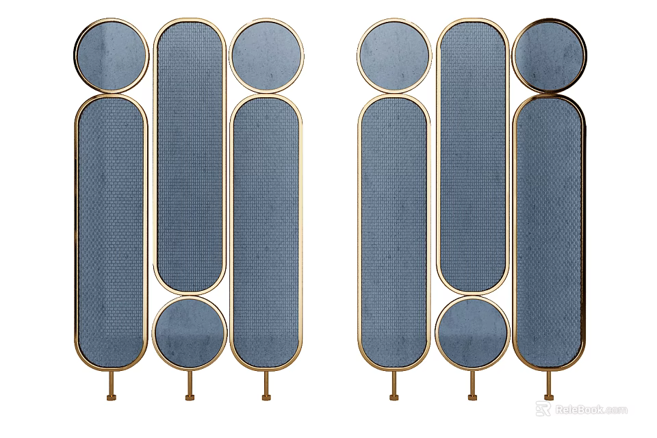 Modern Decorative Room Divider With Golden Metal Frame And Blue Mesh Panels 3d model 