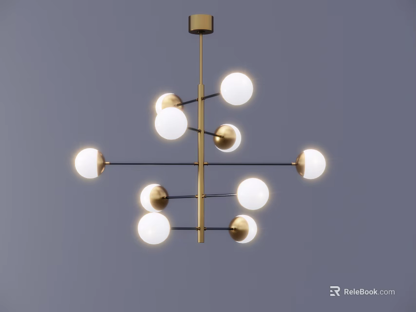 Modern Minimalist Chandelier With Golden Frame And Multiple White Spherical Globes 3d model 