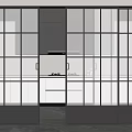 Modern Black Frame Sliding Doors With Vertical Grid Glass Revealing White Kitchen Cabinets