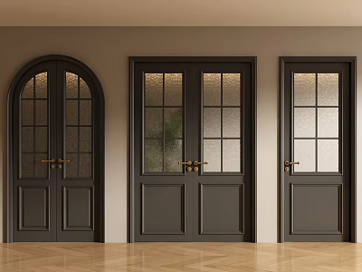Dark Wooden Double Doors With Paned Glass And Golden Handles In Modern Interior 3d model
