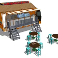 Functional Food Truck With Canopy Roof Steps Outdoor Dining Tables And Blue Stools