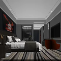 Modern Hotel Guest Room With King Bed Decorative Painting Table Lamp TV And Striped Carpet