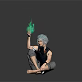 Game Movie Character With Blue Gray Hair Holding Green Glowing Object Sitting Barefoot