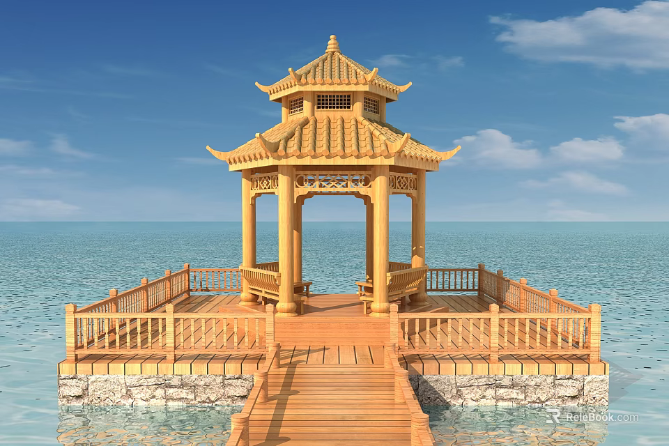 Chinese Style Wooden Pavilion On Water With Stone Base Multi Tiered Roof And Walkway 3d model 