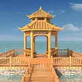 Chinese Style Wooden Pavilion On Water With Stone Base Multi Tiered Roof And Walkway