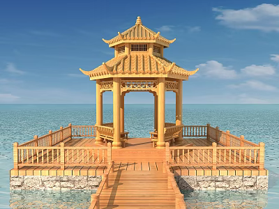 Chinese Style Wooden Pavilion On Water With Stone Base Multi Tiered Roof And Walkway 3d model