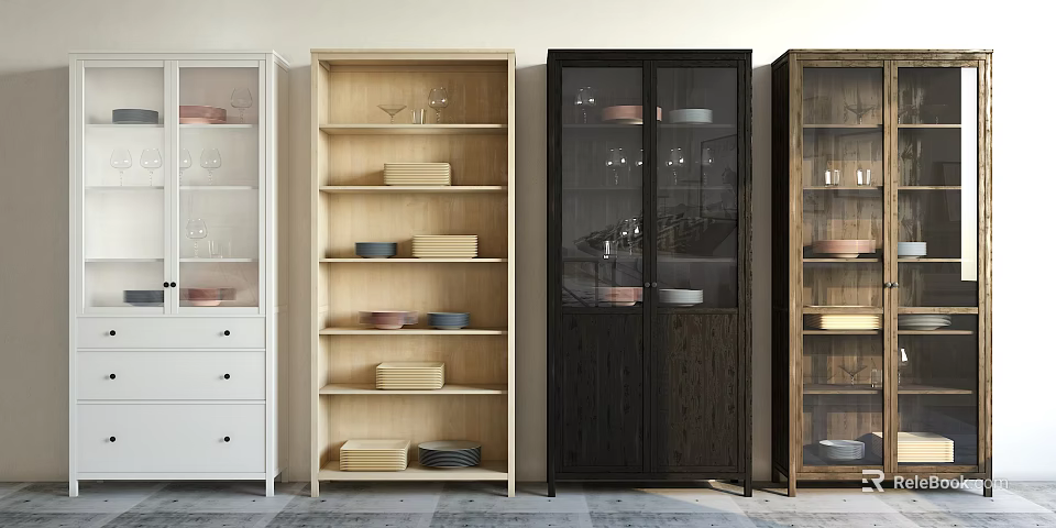 White Light Wood Black Dark Wood Decorative Cabinets With Glass Doors Drawers And Dishes 3d model 