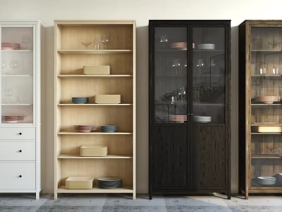 White Light Wood Black Dark Wood Decorative Cabinets With Glass Doors Drawers And Dishes 3d model