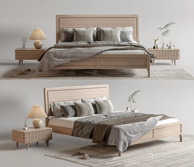 Modern Wooden Double Bed With Textured Bedspread Gray Pillows And Nightstands With Table Lamps 3d model 