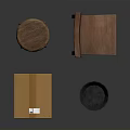 Simple Wooden Chair And Round Stool With Cardboard Box And Black Bucket