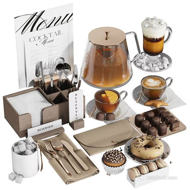 Elegant Tableware Set With Coffee Cups Teapot Cutlery Chocolates And Desserts 3d model 