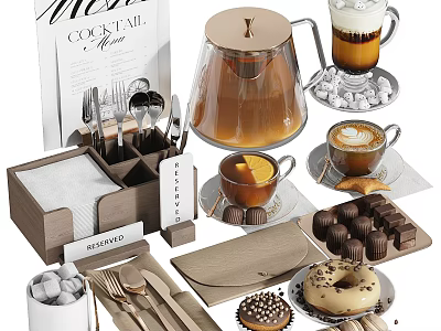 Elegant Tableware Set With Coffee Cups Teapot Cutlery Chocolates And Desserts 3d model
