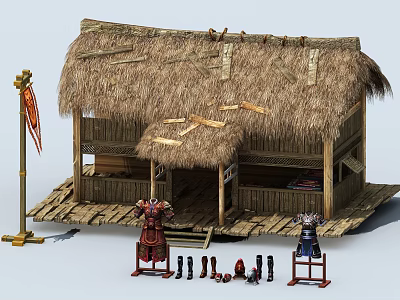Cartoon Scenic Thatched House with Wooden Structure Armored Figures Flag and Weapons 3d model