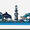 Ocean Themed Photo Check in Spot with Lighthouse Dolphins Waves and Lifebuoy