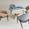 Modern Entertainment Table with Mahjong Tiles Four Gray Beige Chairs and Stylish Layered Base