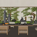 Japanese Zen Indoor Landscape With Bamboo Pine Tree Stone Lantern And Tea Table
