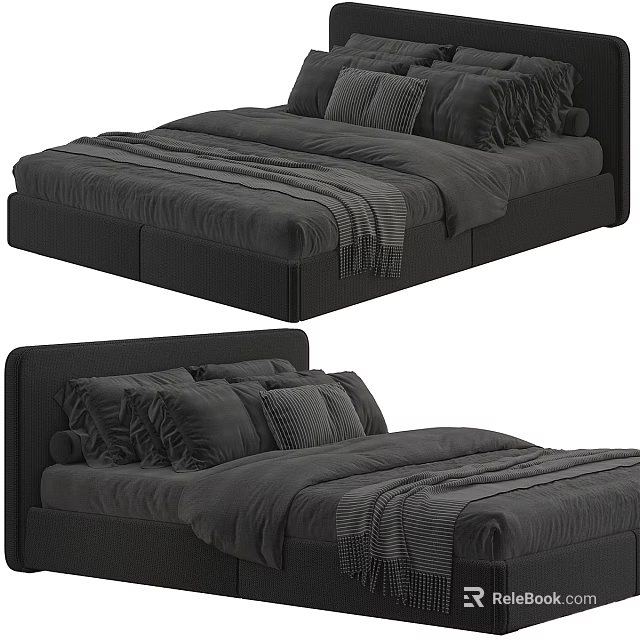 Dark Gray Double Bed With Plush Pillows Soft Bedspread And Upholstered Headboard 3d model