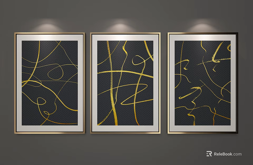 Three Abstract Paintings With Golden Frames Black Background And Curved Lines 3d model