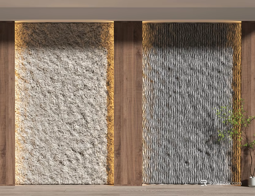 Textured Feature Wall Designs With Natural Stone And Wooden Accents For Modern Interiors 3d model 