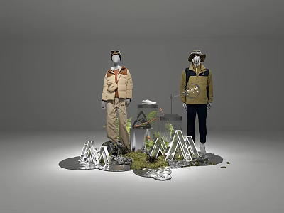 Outdoor Themed Window Display with Mannequins in Winter Jackets Iceberg Decorations and Greenery 3d model