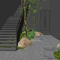 Modern Garden Landscape Design With Stone Steps Black Walls Trees Rocks And Gravel