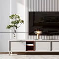 Modern TV Stand with Wall Mounted TV Decorative Items and Striped Backdrop 3d model