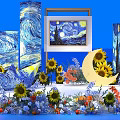 Floral Display Featuring Van Gogh Starry Night Artwork Sunflowers Moon Decoration And Blue Background