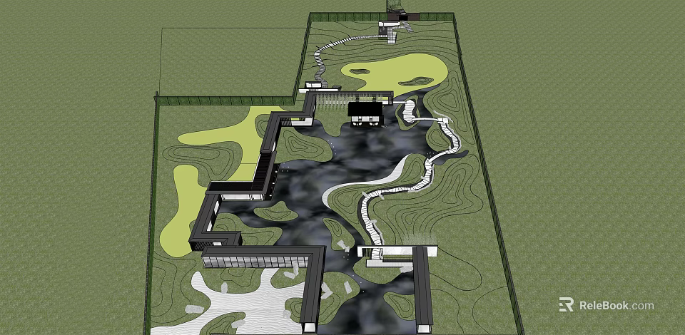 Garden Landscape Design With Winding Paths Water Features And Pavilion Layout 3d model