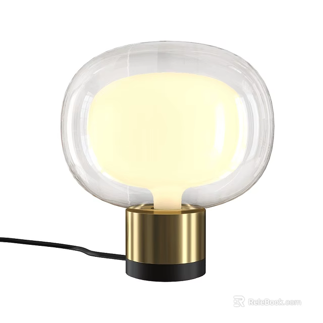 Modern Transparent Spherical Lampshade Table Lamp With Golden Base Yellow Light And Black Power Cord 3d model 