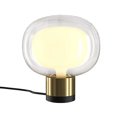 Modern Transparent Spherical Lampshade Table Lamp With Golden Base Yellow Light And Black Power Cord 3d model