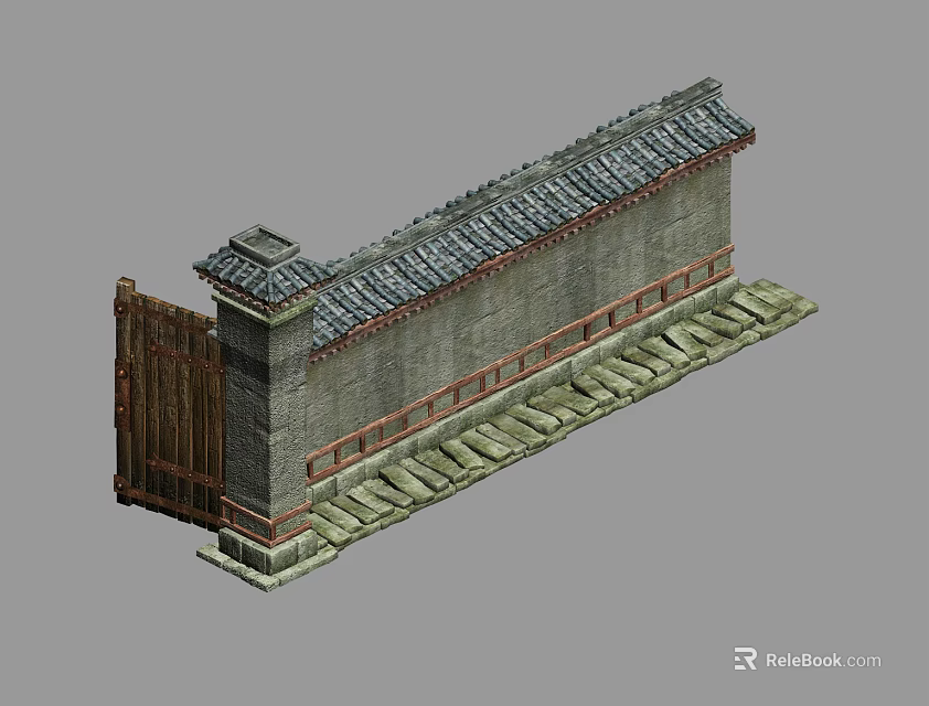 Traditional Building Exterior Wall With Gray Bricks Tile Roof Wooden Gate And Stone Path 3d model 
