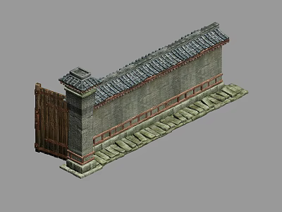 Traditional Building Exterior Wall With Gray Bricks Tile Roof Wooden Gate And Stone Path 3d model