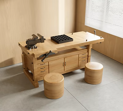 Functional Wooden Workbench With Vice Tool Tray Storage Drawers Cabinet Doors And Round Stools 3d model