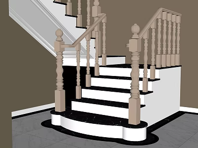 Elegant Indoor Staircase With Wooden Handrail And Black White Steps 3d model