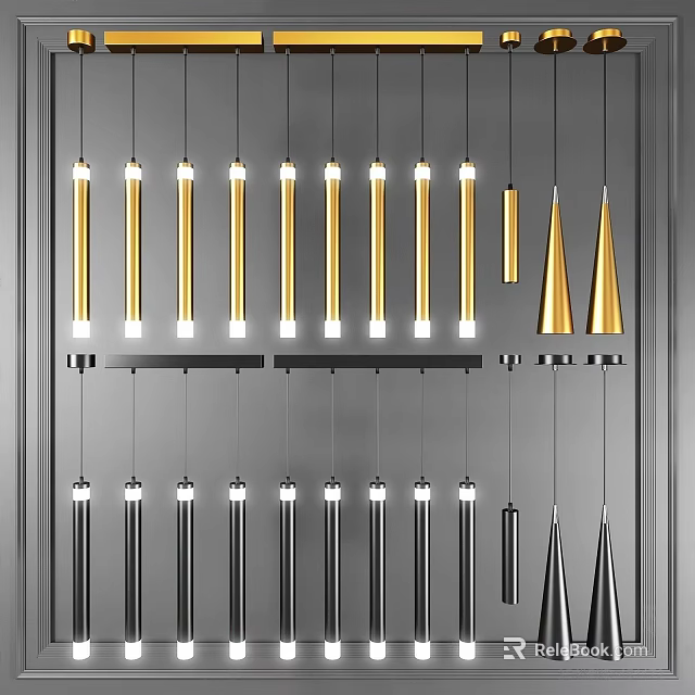 Modern Gold And Black Chandeliers With Various Shapes For Interior Lighting Design 3d model 