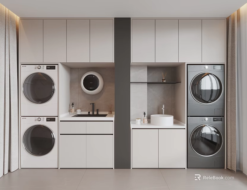 Modern Bathroom Cabinet Frame Interior Design With Washing Machines Dryers And Sinks 3d model 