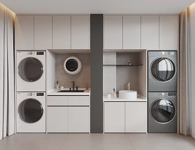 Modern Bathroom Cabinet Frame Interior Design With Washing Machines Dryers And Sinks 3d model