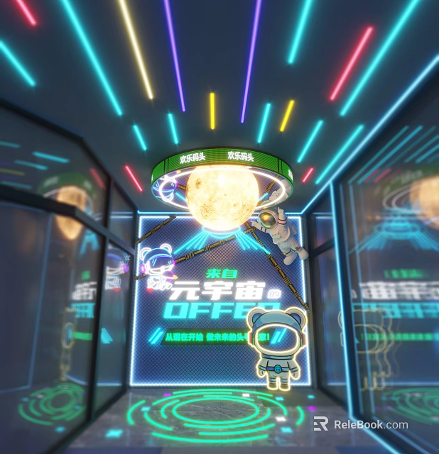 Metaverse Themed Space With Neon Lights Astronaut Robot And Planet 3d model 