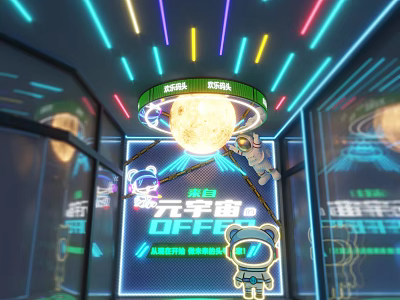 Metaverse Themed Space With Neon Lights Astronaut Robot And Planet 3d model