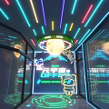 Metaverse Themed Space With Neon Lights Astronaut Robot And Planet
