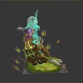 Pink Haired Woman Wearing Armor Carrying Bird Surrounded By Green Leaves And Glowing Green Liquid