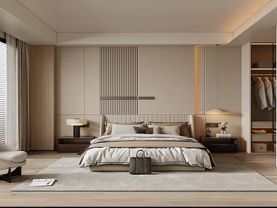 Modern Minimalist Bedroom Interior Featuring King Bed Striped Accent Wall And Wardrobe 3d model