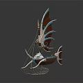 Wooden Boat Artistic Decorative Model With Blue Brown Color Unique Sail Design Fish Shaped Stern