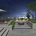 Outdoor Rooftop Garden With Sofa Coffee Table Umbrella Fire Pit And City Plants