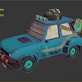 Turquoise Off Road Car With Spare Tire Roof Rack And Green Plant Decoration