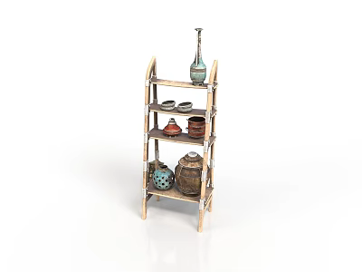 Wooden Multi Layer Storage Shelf With Ceramic Jars And Bottles 3d model
