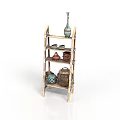 Wooden Multi Layer Storage Shelf With Ceramic Jars And Bottles