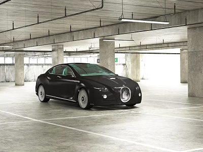 Black Bugatti Car Parked In Spacious Parking Garage With Concrete Pillars And Ceiling Lights 3d model