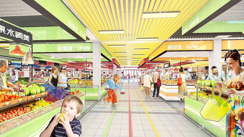 Supermarket Grocery Store With Fresh Fruit Section Shoppers And Shopping Carts 3d model 